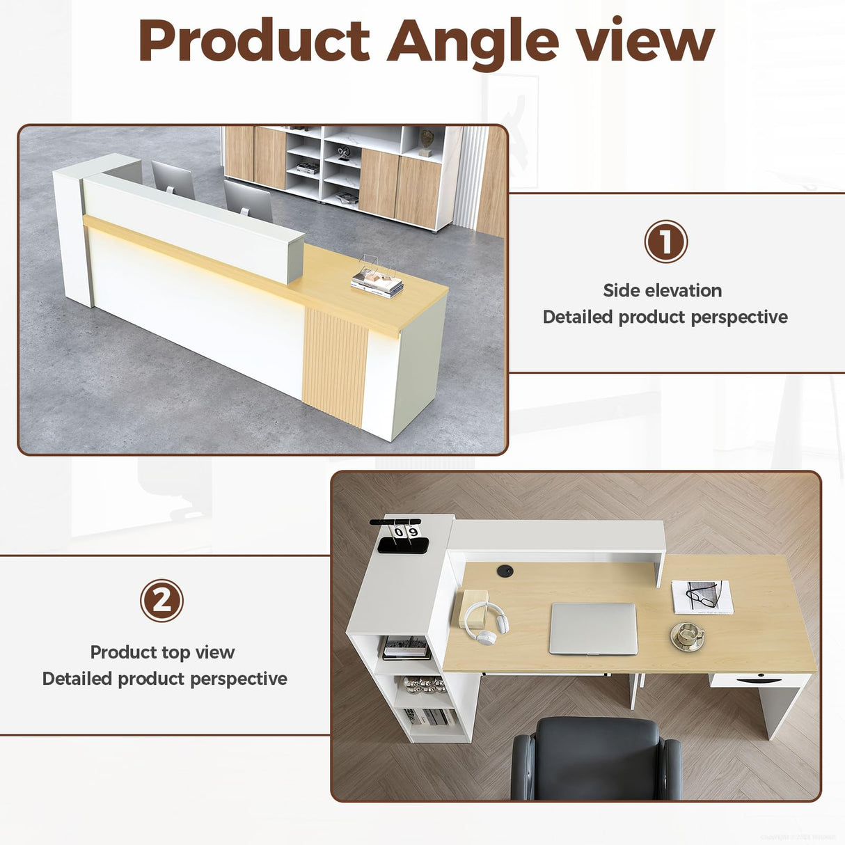 Nuipesn Modern L Shape Reception Desk with Storage – Front Desk Reception Counter with Double-Layer Countertop, Drawer & Open Shelf, for Office, Salon, Retail Store(Maple+White/Right, 71"L*24"W*39"H) Nuipesn