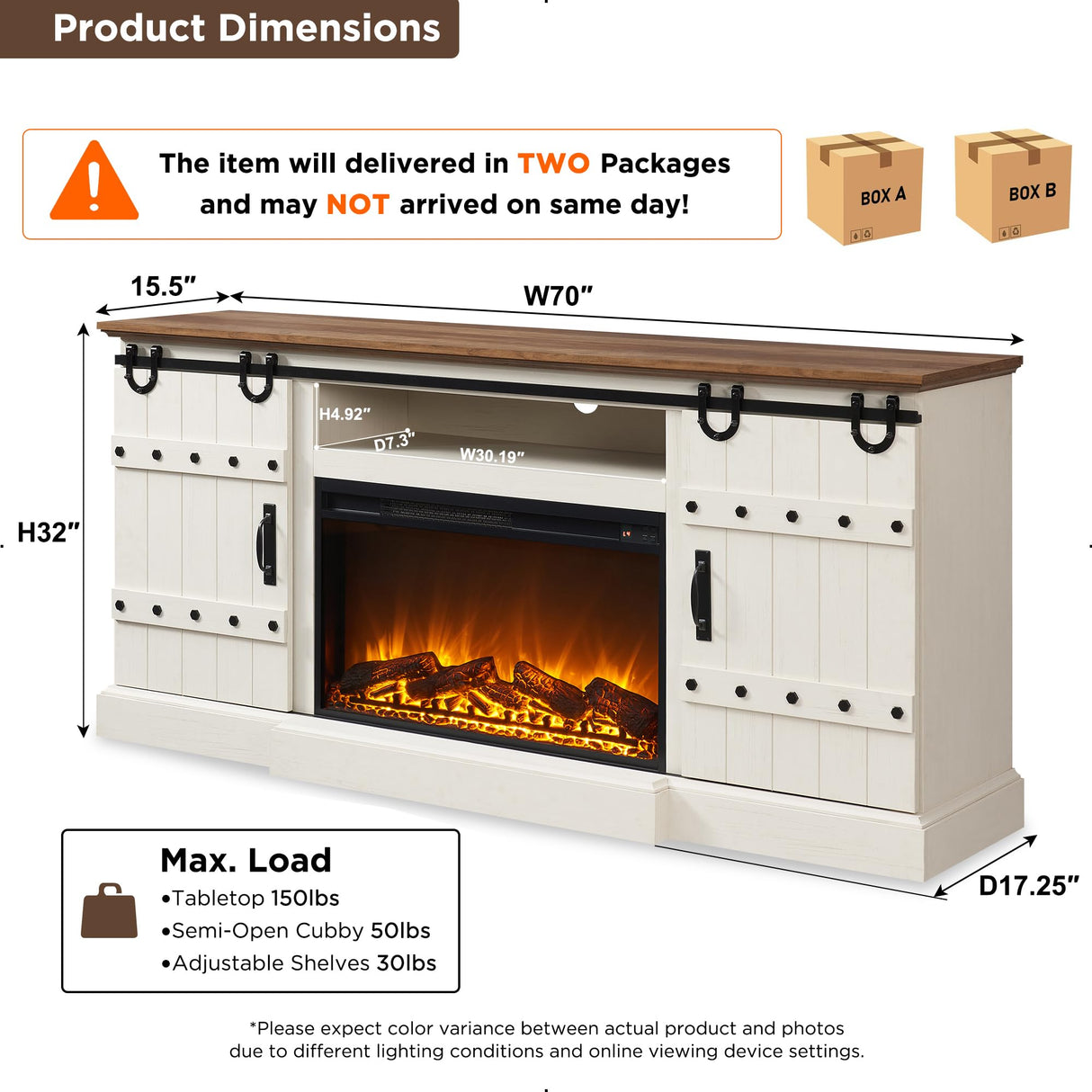 OKD 70" Fireplace TV Stand for 75+ 80 Inch TV, Farmhouse Highboy Entertainment Center with 30" Electric Fireplace & Sliding Barn Doors, Rustic Tall Media Console Cabinet for Living Room, Antique White OKD