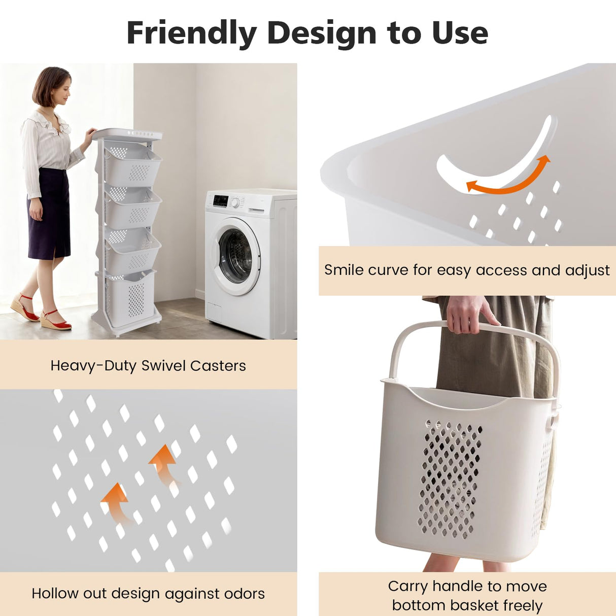 BAOKALER 4-Tier Laundry Hamper Sorter, Vertical Rolling Laundry Baskets with Wheels Removable, Stackable Laundry Cart Organizer and Storage for Small Space, Dorm, Closet, Bathroom BAOKALER