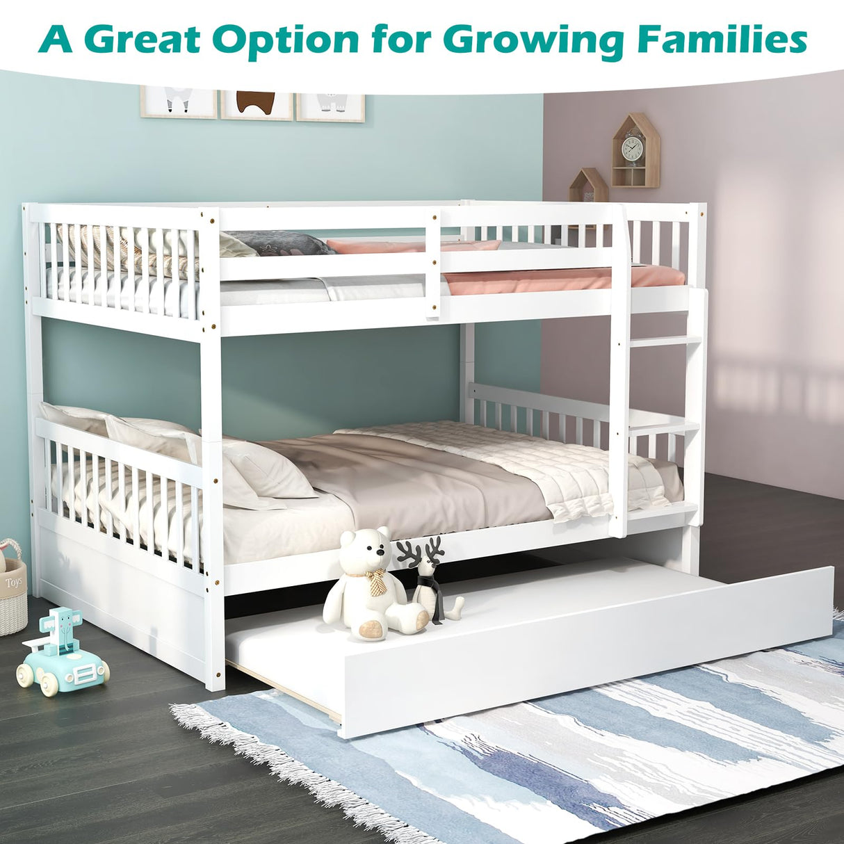 Giantex Full Over Full Bunk Bed with Trundle, Solid Wood Trundle Bed Frame w/Guardrails and Ladder, Convertible to 2 Beds, Full Size Bunk Beds for Adults Kids Teens, No Box Spring Needed, White Giantex