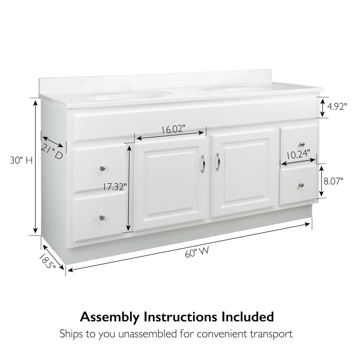 Design House Concord 60 Inch Bathroom Vanity, Ready to Assemble, Solid Wood, White, 587030 Design House