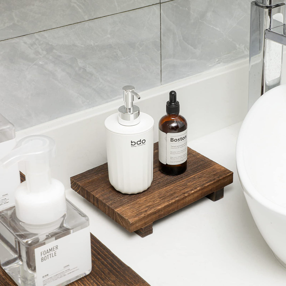 2 Pcs Wood Pedestal Stand Riser Wood Riser Soap Stand for Bathroom Wood Farmhouse Soap Tray for Home Kitchen Counter Table Decor Bottles Plant Jewelry Candles Guest Display (Old Brown) Tiamon