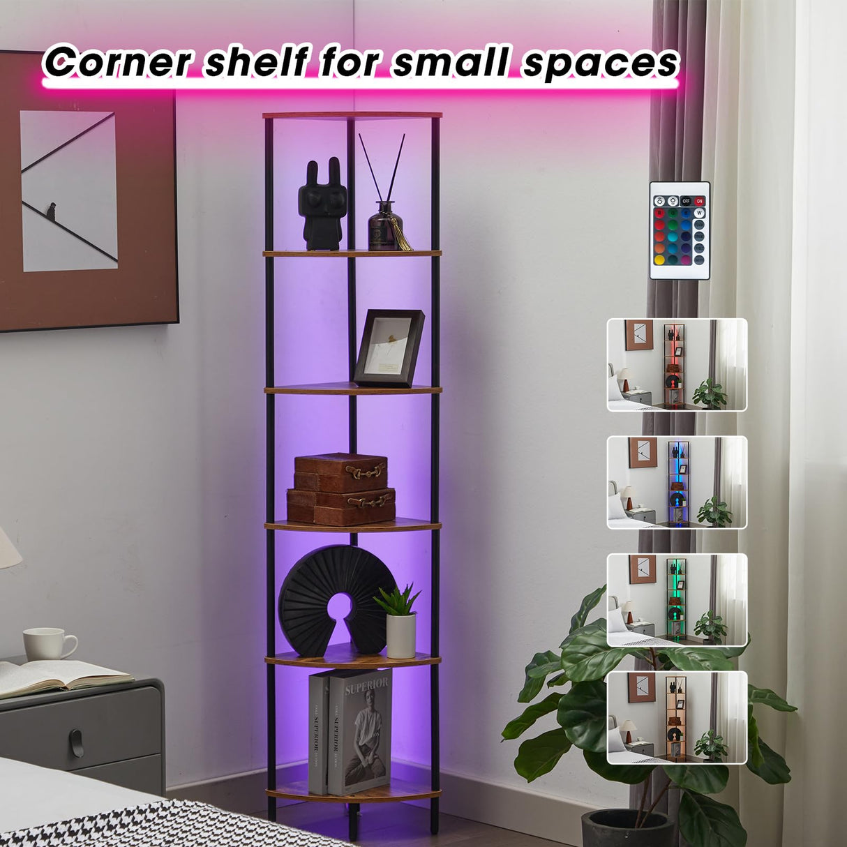 Corner Shelf with LED Light,Tall Corner Shelf,Rustic Industrial Corner Bookshelf, Storage Standing Shelf Unit, Plant Stand, Corner Table for Small Spaces in Living Room,Bedroom,Home Office (6 Tier) Ymesiyou