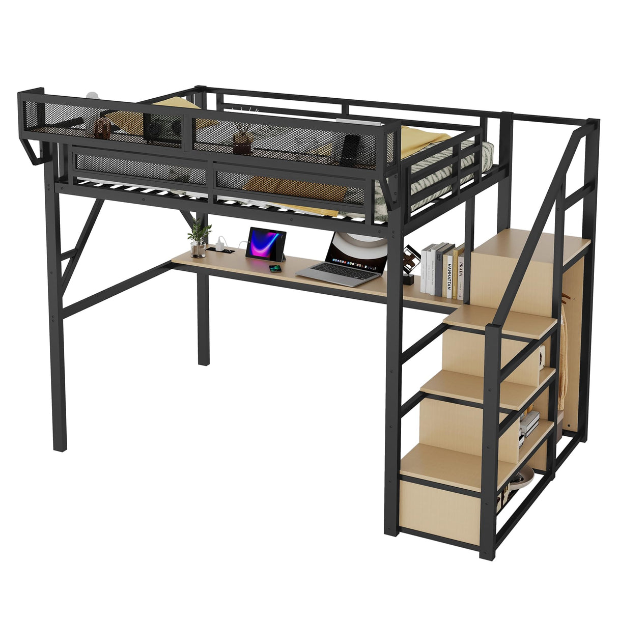 Full Loft Bed with Desk and RGB Light, Metal Loft Bed Frame with Stairs and Bedside Shelf, Heavy-Duty Lofts Beds with Storage Shelves and Wardrobe for Kids Teens, Black Mirightone