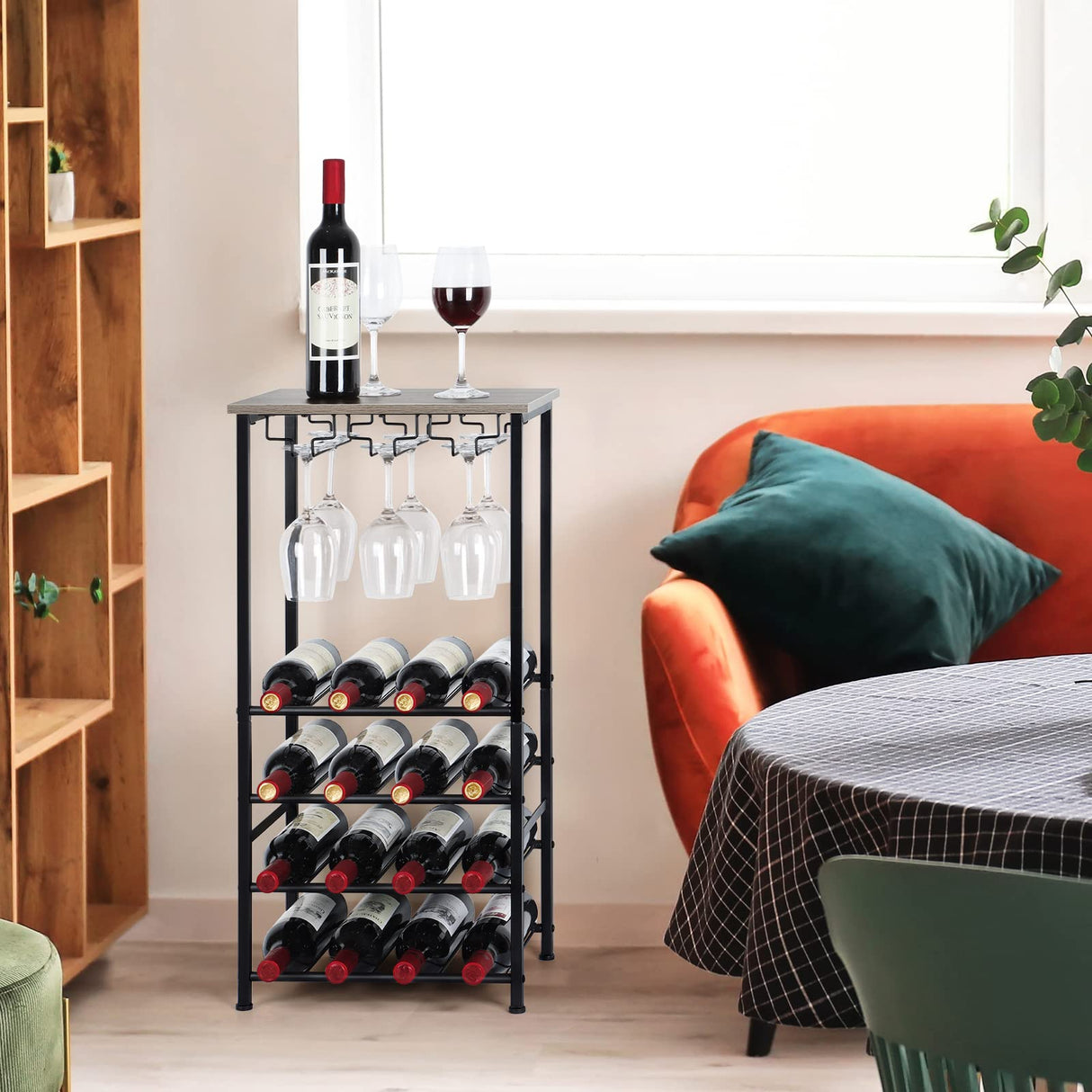 Wine Bottle Holder, Wine Rack Freestanding Floor with Glass Holder Rack, Wood Tabletop & 16 Bottles Holder, Wine Liquor Cabinet Bar for Home Kitchen, Dining Living Room, Gray Oak OYEAL