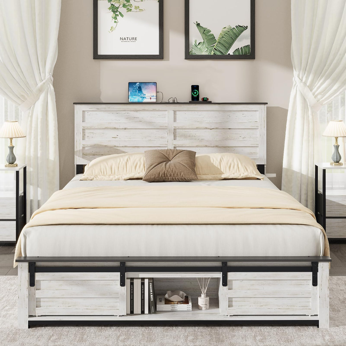 Wooden Full Size Bed Frame with Headboard – Boho White Rustic Farmhouse Storage Platform Bed with Charging Station & Sliding Barn Door Footboard, No Box Spring Needed, Noise-Free, Solid Wood Slats QNICE