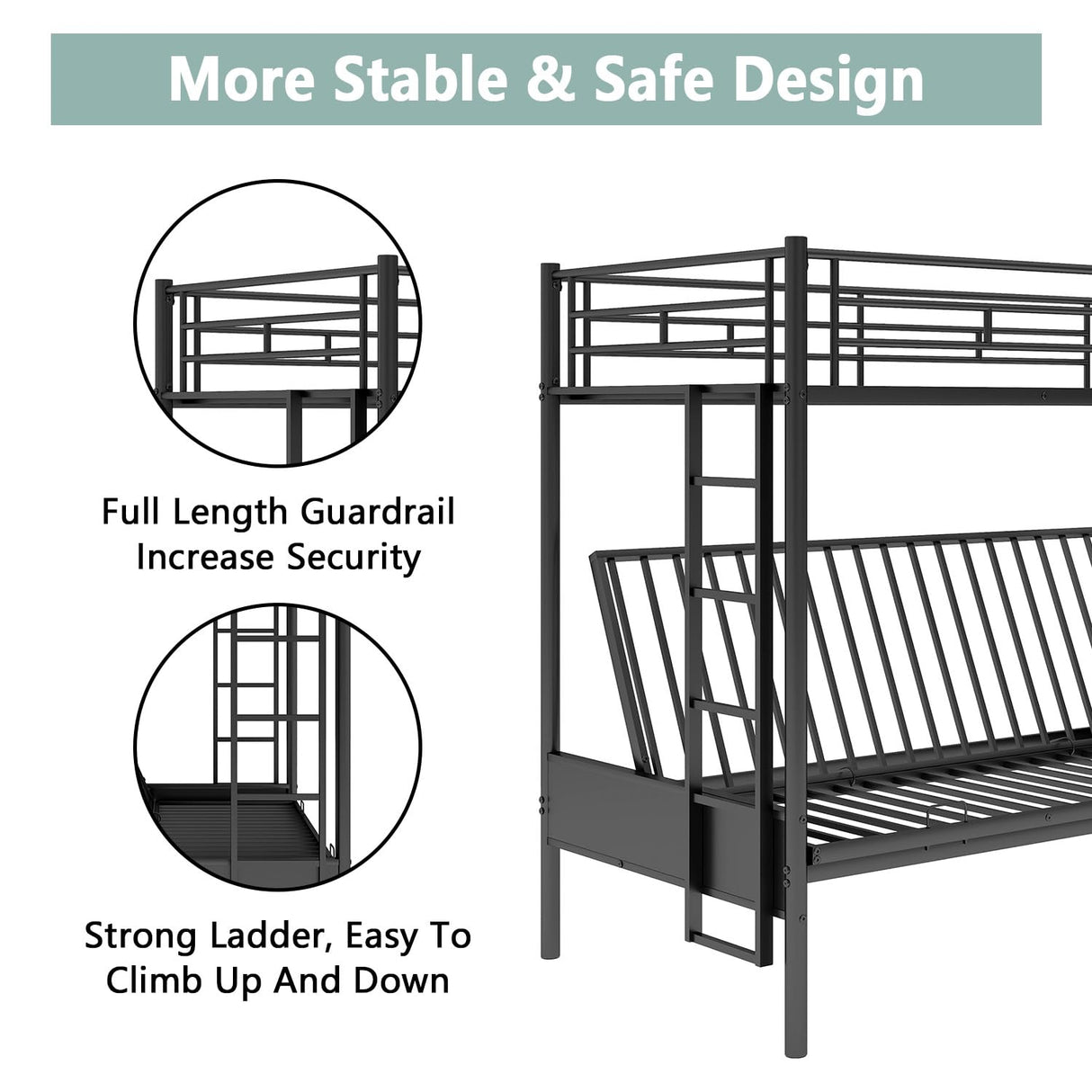 Twin Over Futon/Full Bunk Bed, Bed Frame with Sturdy Steel Frame, Convertible Metal Bunk Bed Couch and Bed with Guard Rail Ladder for Kids Adults Teens,Black Anwick