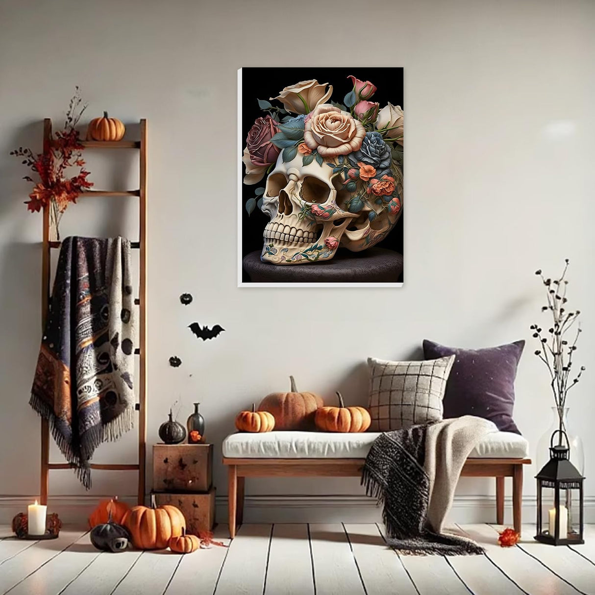 HEIBAGO Halloween Framed Paint by Numbers Kit for Adults, Skull Paint by Numbers for Beginner, Skeleton Adult Paint by Number Kits on Canvas, Painting by Numbers for Gift Home Wall Decor 12 * 16 inch HEIBAGO
