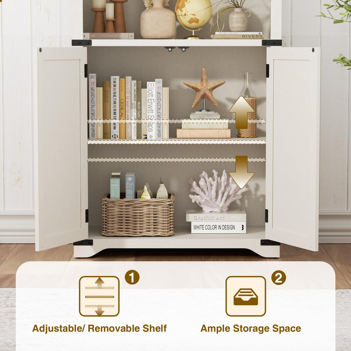 Farmhouse Bookshelves and Bookcases with Doors, Antique White Tall Bookshelf with Storage Cabinet, Kitchen Pantry Bathroom Organizer, 5-Tier Country Rustic Display Rack for Living Room, Home, Office FiveWillowise