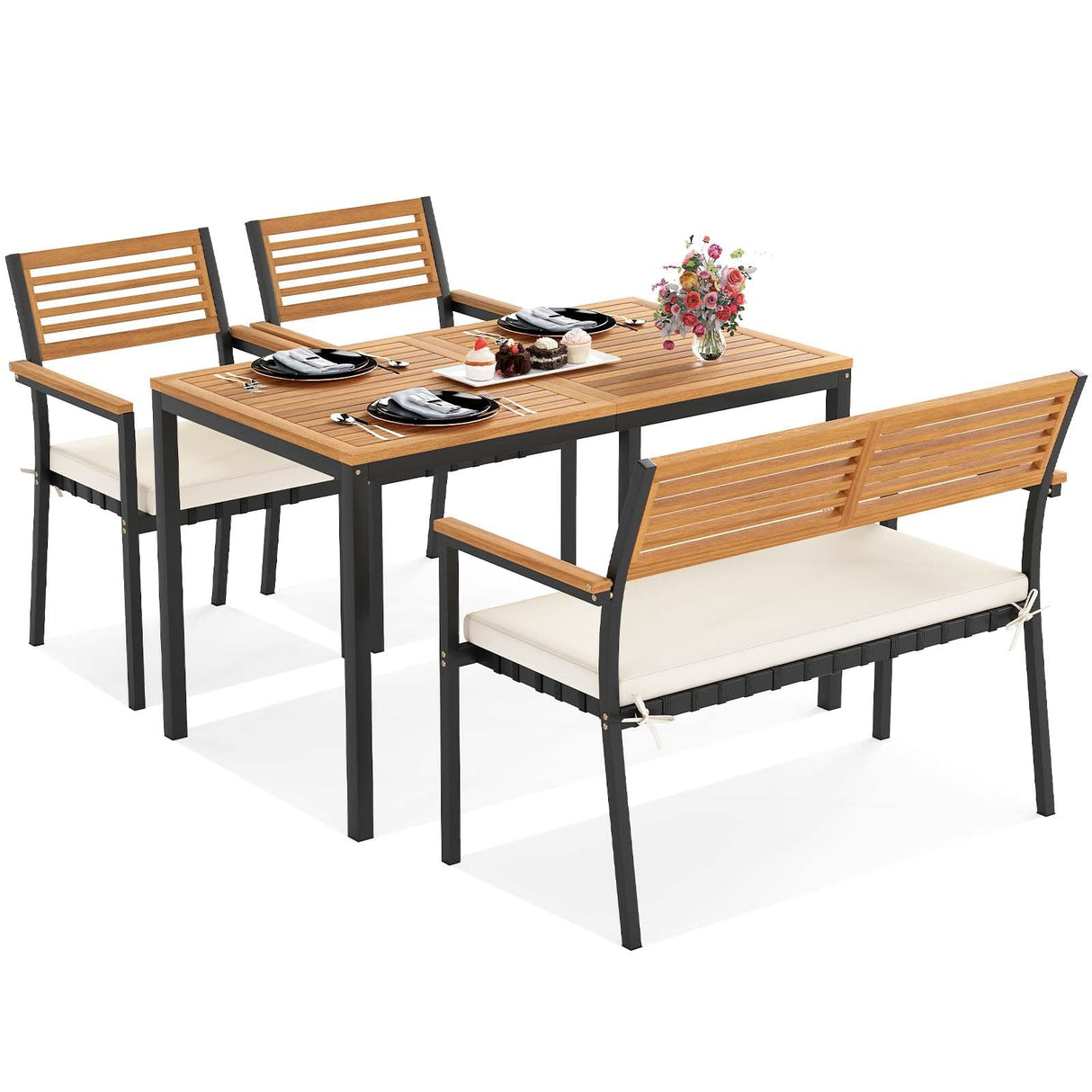 Toolsempire 4 Pieces Patio Dining Table Set, Outdoor Rectangle Table w/Loveseat & 2 Stackable Chairs, Cushions, Umbrella Hole, Acacia Wood Armrests & Tabletop, Dinette Furniture for Backyard Garden Toolsempire