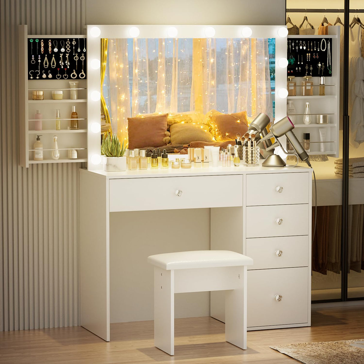 VOWNER White Makeup Vanity Desk with Lighted Mirror & Power Outlet, 3 Color Modes, Vanity Table with Drawer,Sliding Shelves for Bedroom VOWNER