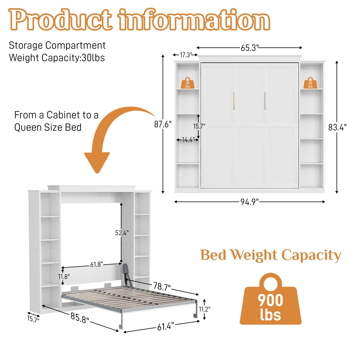 BEQAI Murphy Bed Queen with Storage Bookcase & 4 Adjustable Shelves, Queen Murphy Bed Cabinet Bed, Foldable Space Saving Furniture Beds, Wood Wall Bed for Guest Room, Bedroom, White BEQAI