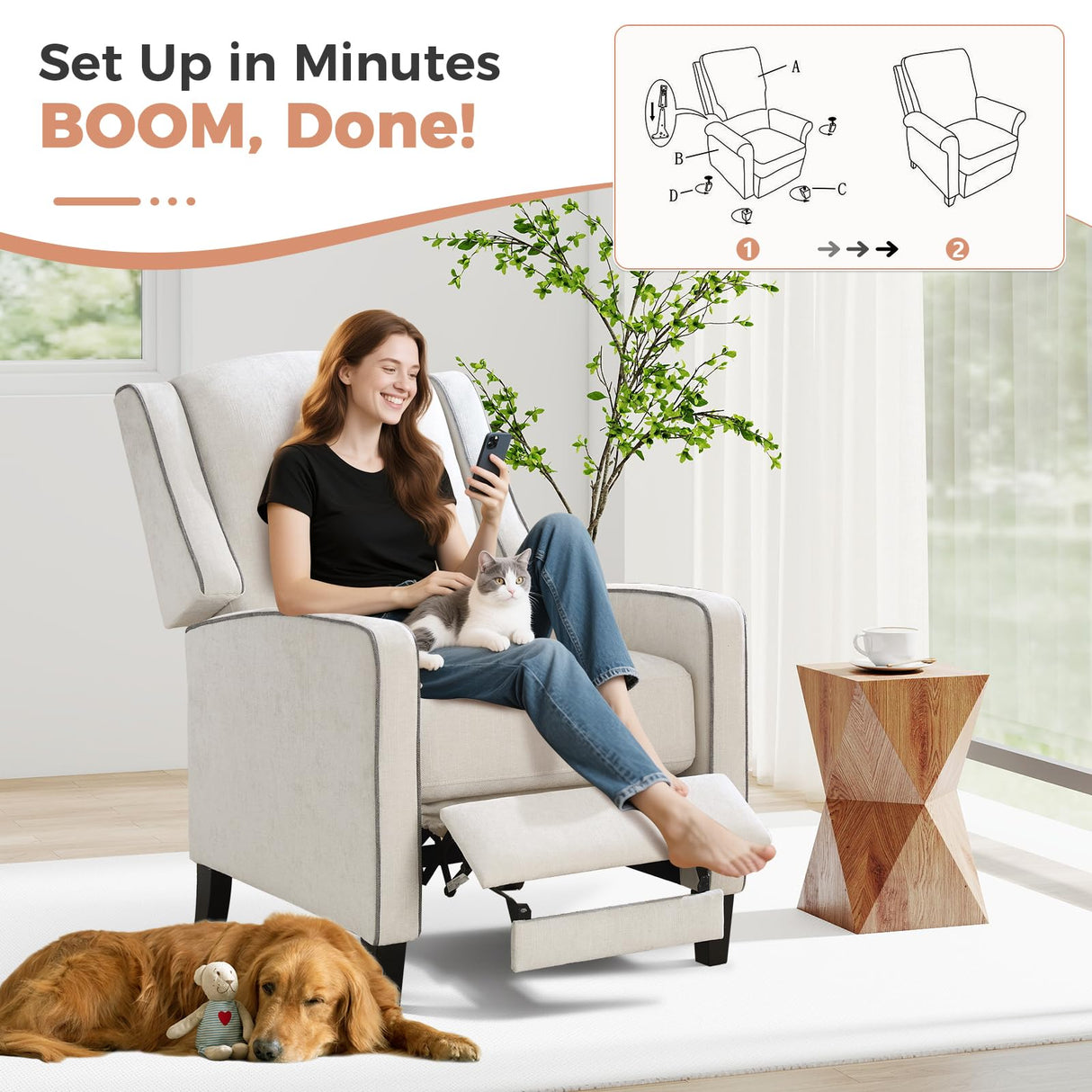 ANJ Push Back Recliner Chair, Soft Fabric Lounge Armchair,Wingback Recliner Single Sofa Chair with Steel-Reinforced Frame,Adjustable Pushback Chair for Living Room, Beige ANJ