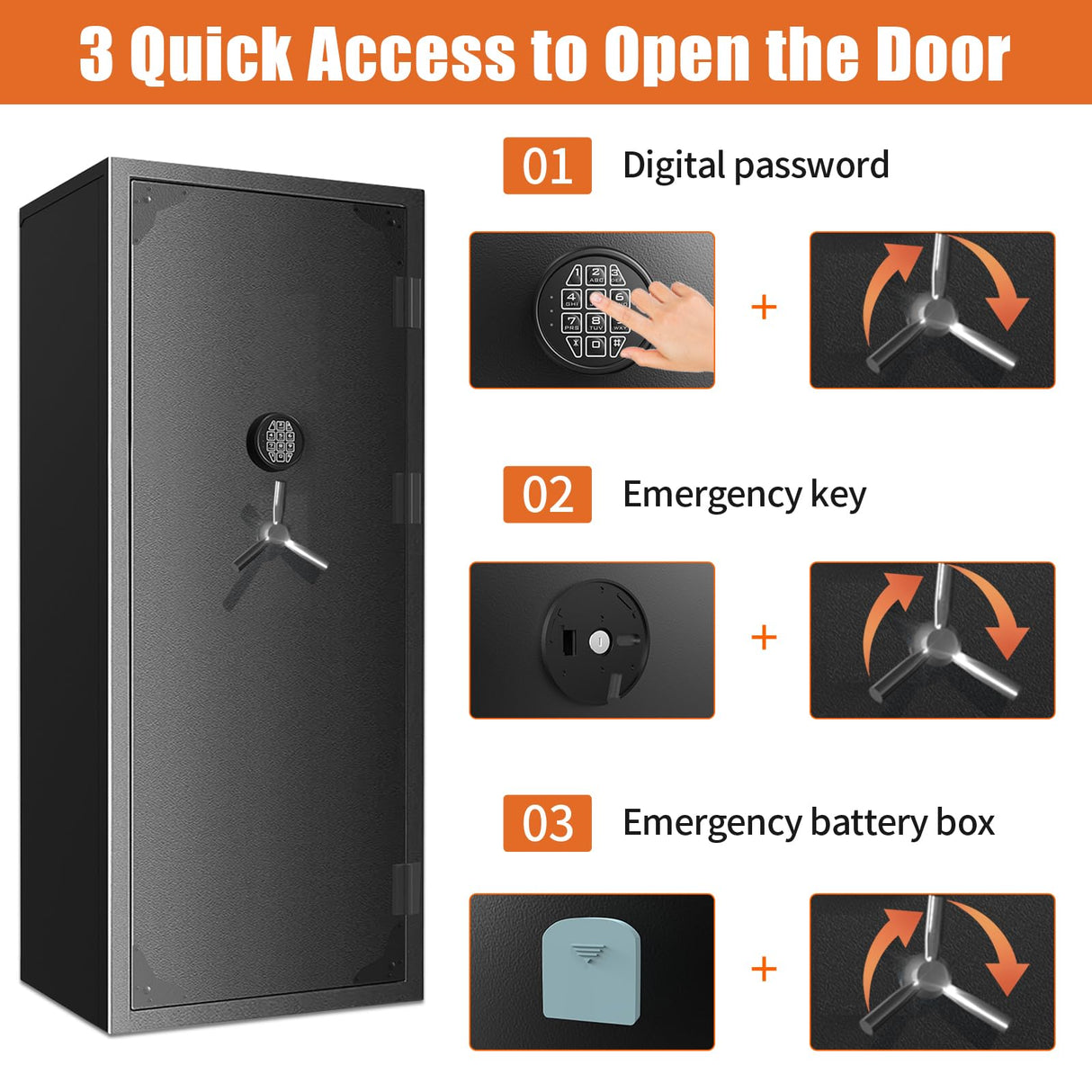 Large Rifle Safe, 20-27 Gun Safe for Rifle and Shotgun/Rifle Pistol Rack/Storage Pocket/Removable Shelf/Silent Mode/External Battery/LED/Key,180° Open Door Panel Organizer Gun Cabinet Safe Unassembled TTSITG