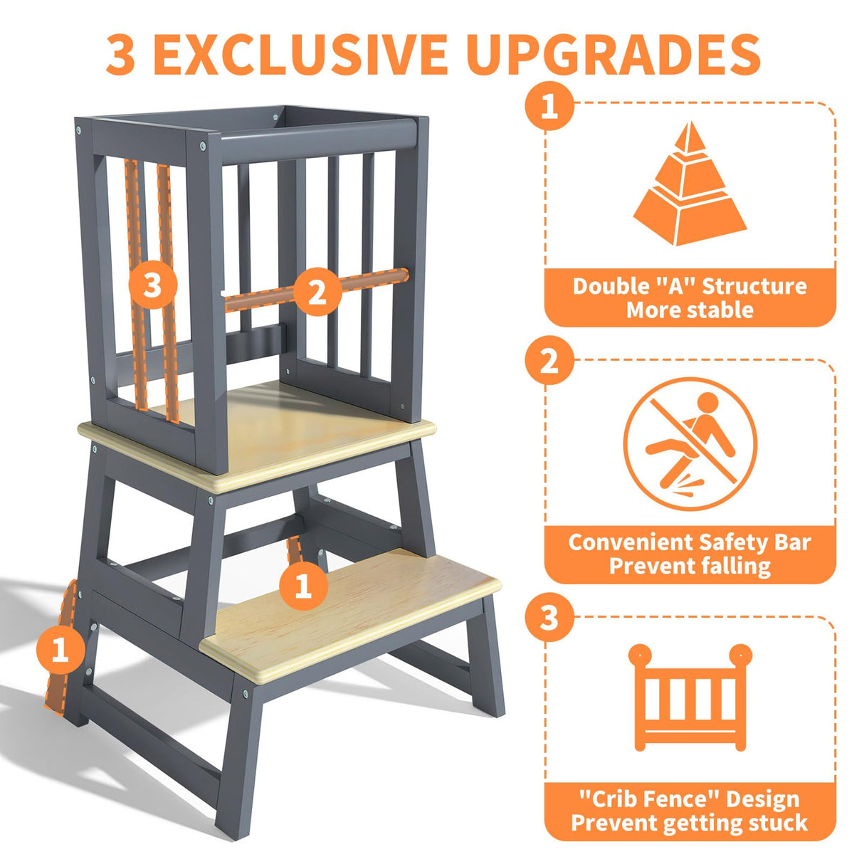 Kids Kitchen Step Stool, Toddler Montessori Learning Standing Tower, Ideal Toddler Kitchen Stool Helper for Bathroom Sink or Kitchen Counter - 2025 Design with 3 Exclusive Upgrades - Gray Mangohood