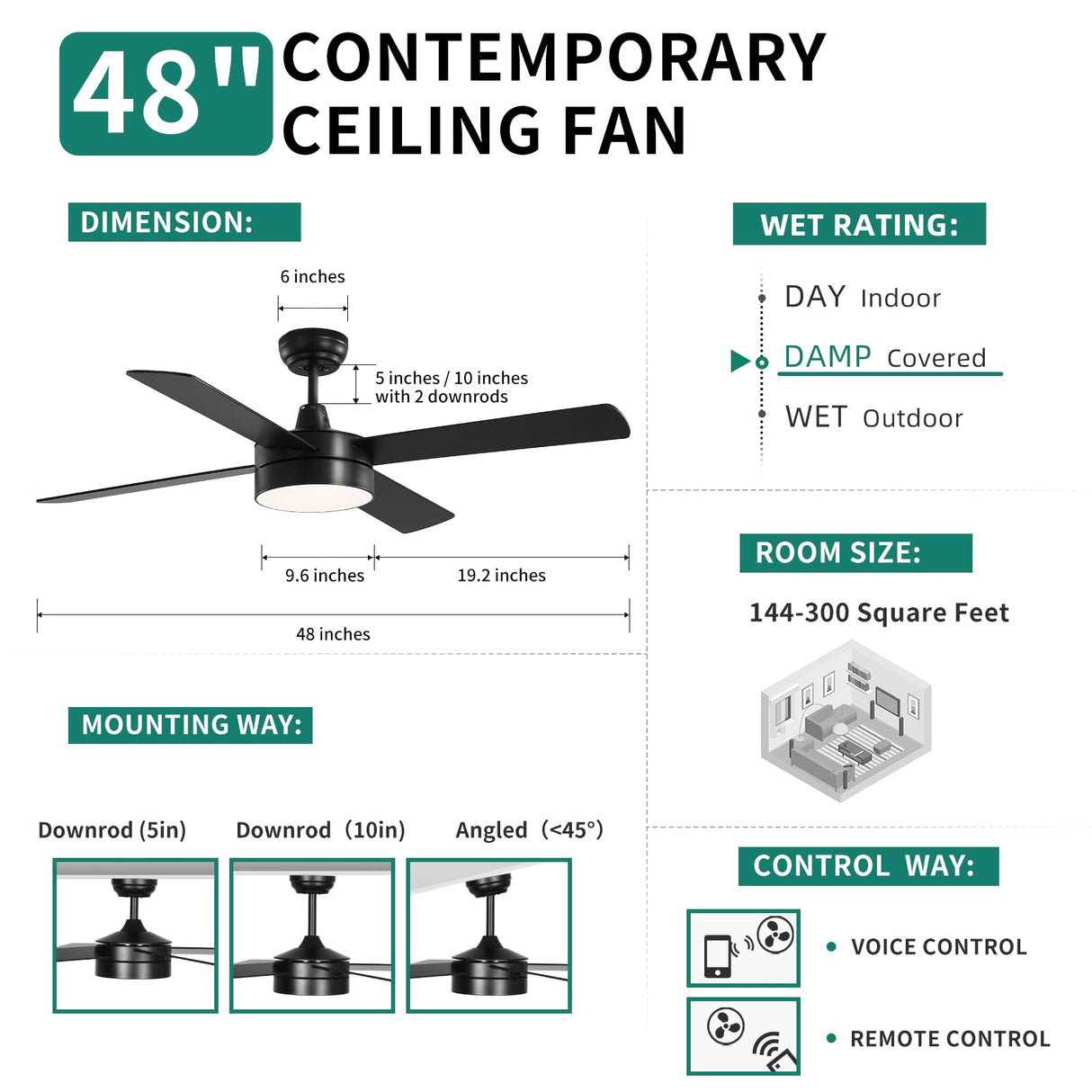 YITAHOME 48 Inch Black Ceiling Fan with Lights and Remote,4 Blades, App Control, Modern Smart Ceiling Fan Compatible with Alexa for Indoor, Reversible Quiet Motor, Memory Function YITAHOME