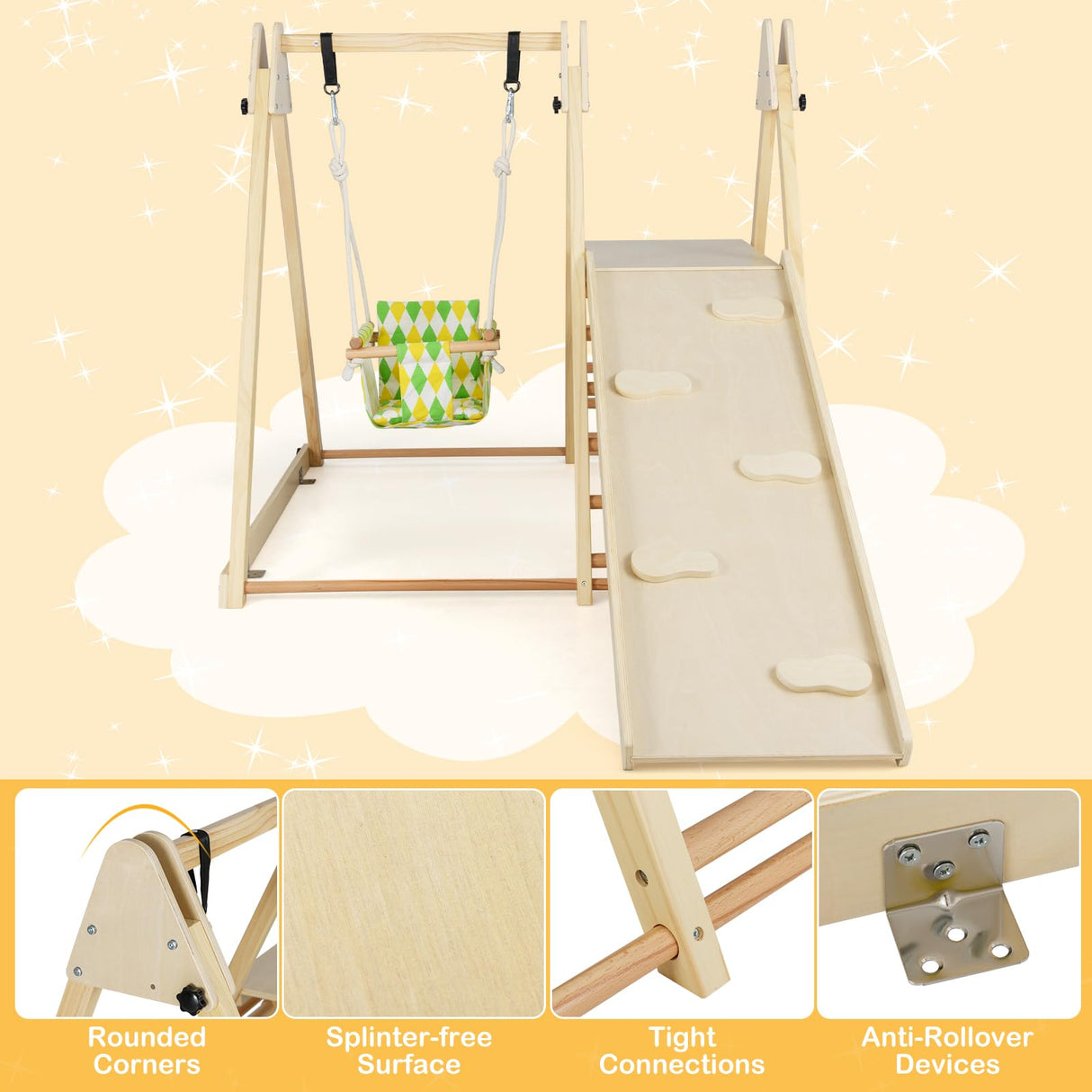 HONEY JOY Kids Indoor Jungle Gym, 4-in-1 Toddler Climbing Toy w/Baby Swing, Climber, Ladder, Climbing Ramp, Resting Platform, Wooden Montessori Playground Playset for Kids Aged 1+ (Natural) HONEY JOY