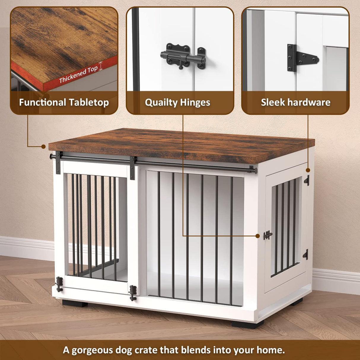 Zakkart Dog Crate Furniture for Large Dogs Up to 60 lbs. - Barn Door Puppy Kennel w/Thickened Farmhouse Top & Metal Bars - 37'' Wide - White Decorative Modern Dog Crate Table, End Table, Nightstand Zakkart