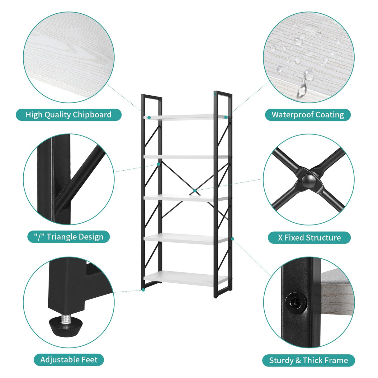 YITAHOME Modern White 5-Tier Bookshelf - Versatile Storage Rack for Home and Office YITAHOME