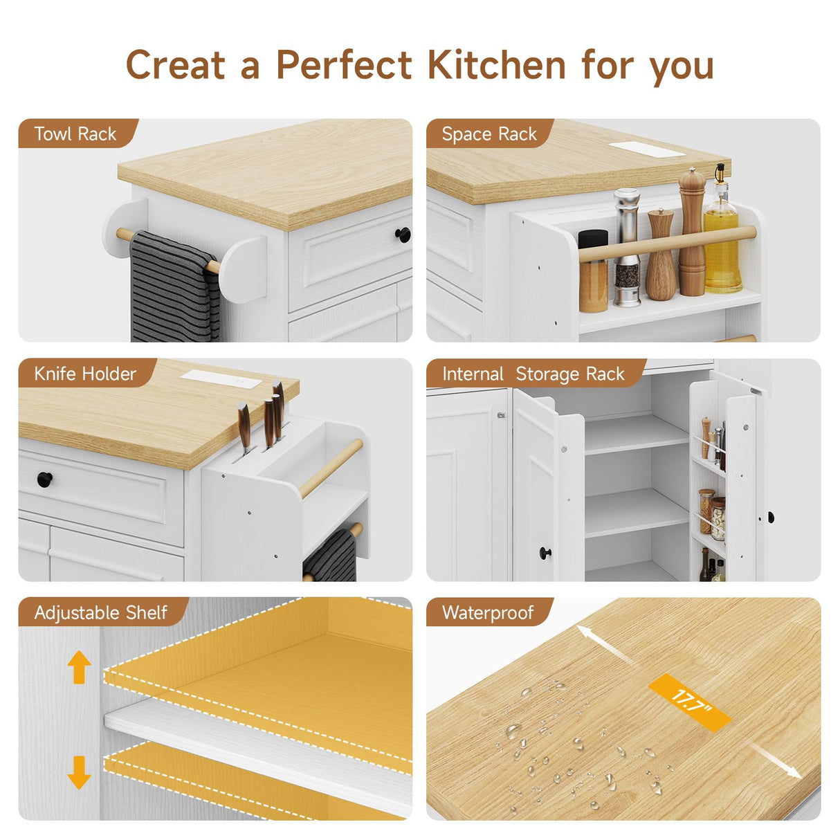 ONBRILL 58" Mobile Kitchen Island, Kitchen Island Cart with Power Outlet, Island Table for Kitchen, Home Bar Carts with Storage, Kitchen Rolling Island with Spice Rack & Towel Rack & Knife Holder ONBRILL