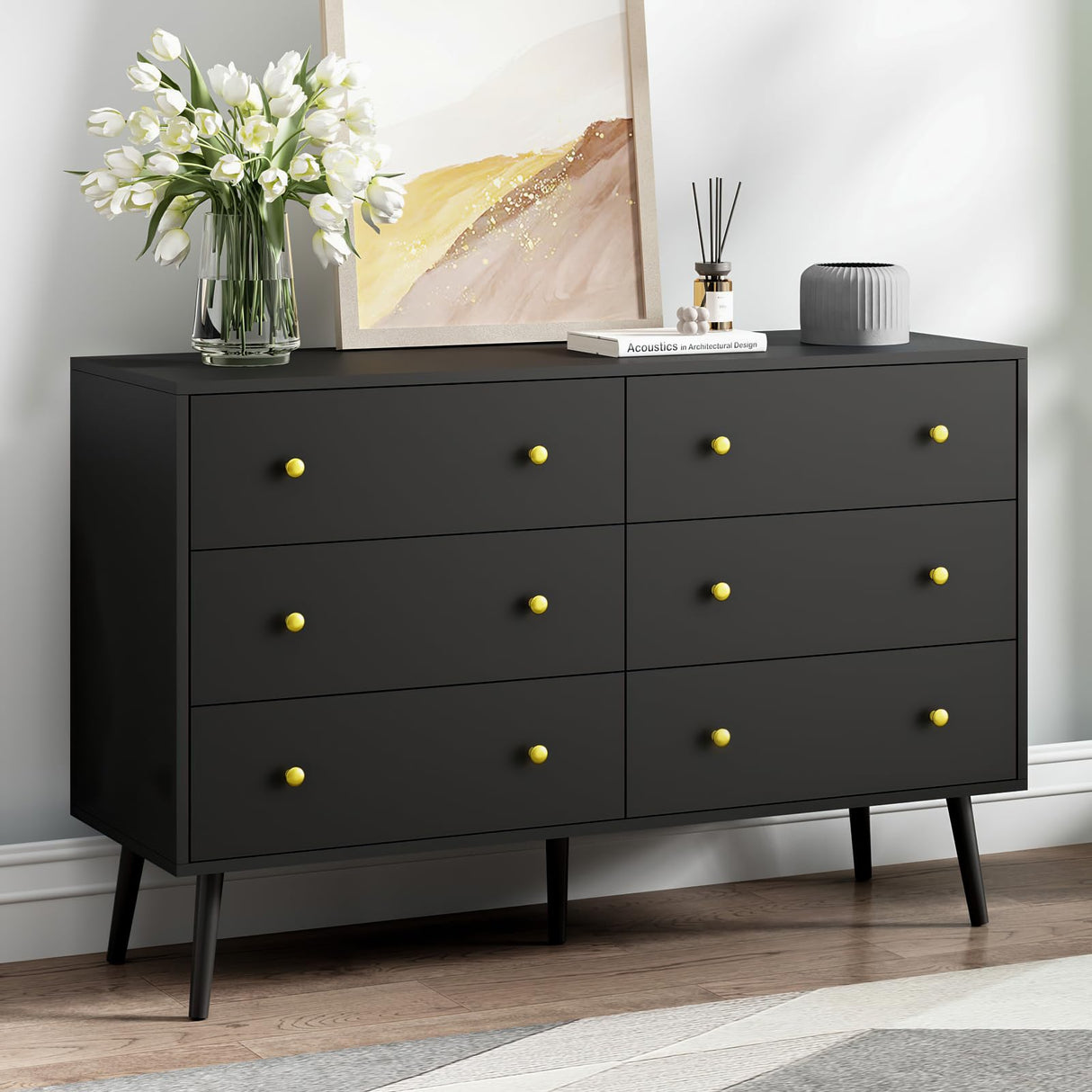 BAZELOR Dresser for Bedroom with 6 Drawers, Double Wood Dresser with Gold Handles, Modern Mid Century Chest of Drawers for Living Room, Hallway, Black BAZELOR