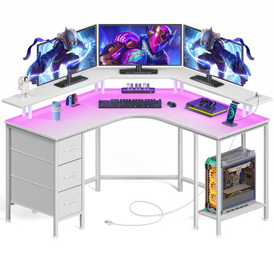 Seventable Corner Computer Desk with Power Outlets & LED Lights, 44.6" Small Home Office Desk with 3 Drawers, Reversible Gaming Desk with Storage Shelves, Corner Desk with Monitor Stand, White