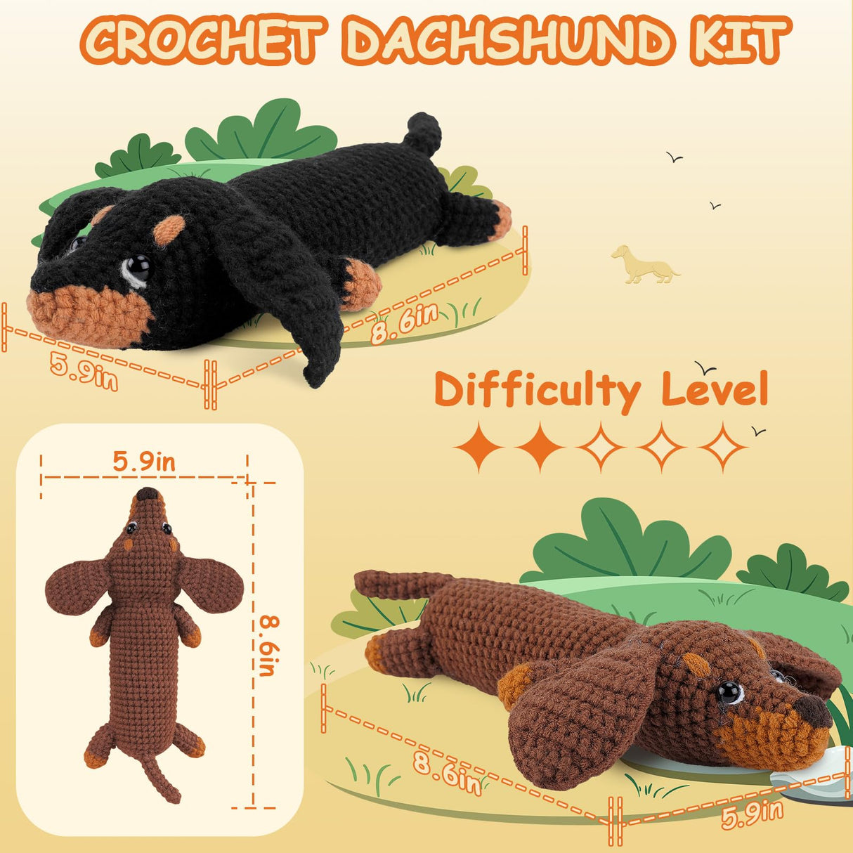 Crochet Kit for Beginners - 2 PCS Dachshund Crochet Kits with Step-by-Step Video Tutorials, Beginner Crochet Kit for Adults, Crochet Animal Kit for Kids, Dog Crocheting Set (Brown & Black) Fortuning's JDS