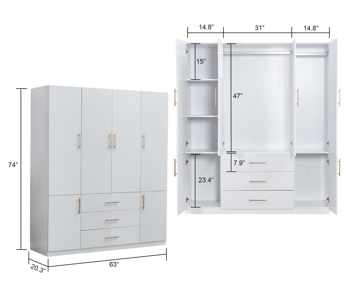 TemkTuek White Wardrobe Closet with Doors, 3 Drawers, Hanging Rods, Metal Handles, Large Capacity, Modern, Freestanding Armoire, Ideal for Bedroom 63.0" W x 20.47" D x 70.87" H (26) TemkTuek