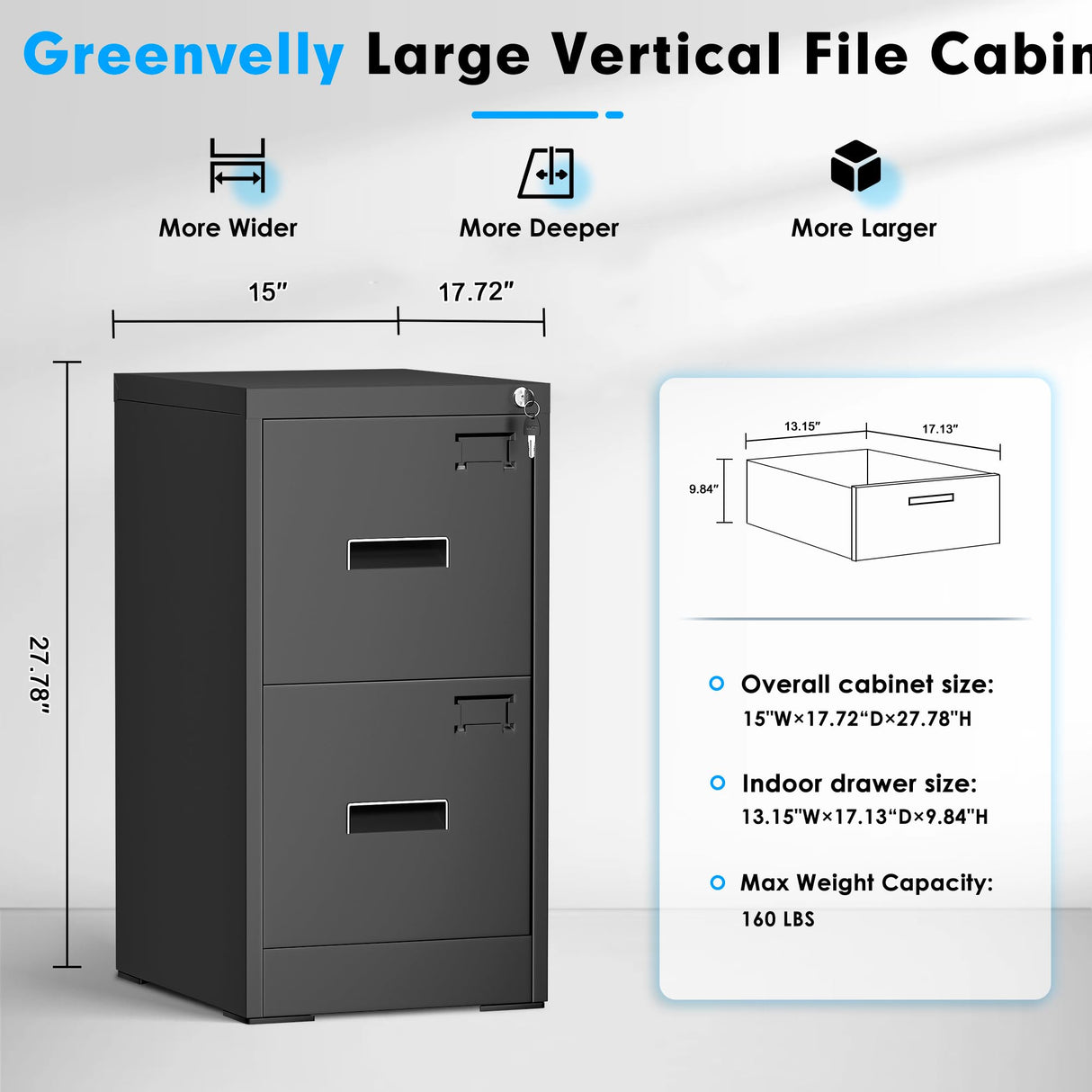 Greenvelly Black Filing Cabinet 2 Drawer, 18” D Vertical File Cabinet with Lock, Locking File Cabinet for Home Office, Metal File Cabinet for Hanging Letter/Legal Folders, Easy Assemble Greenvelly