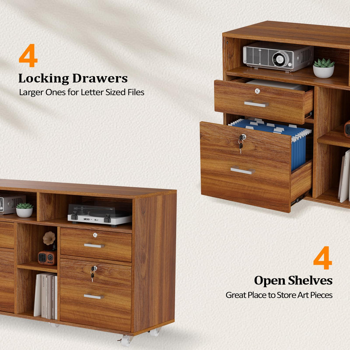 VINGLI Wide 4 Drawer File Cabinet with Lock, Wood Lateral File Cabinet with Open Shelves, Lockable Rolling File Cabinets for Home Office, Walnut File Cabinet Printer Stand, Letter Sized VINGLI