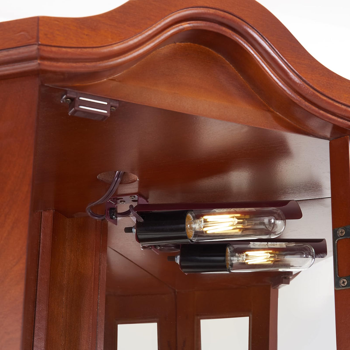 70'' Farmhouse Display Curio Cabinet with LED Lights, Corner Curio Storage Rack with Adjustable Shelves and Mirrored Back Panel, Tempered Glass Doors for Living Room, Light Bulb not Included, Walnut Bituman