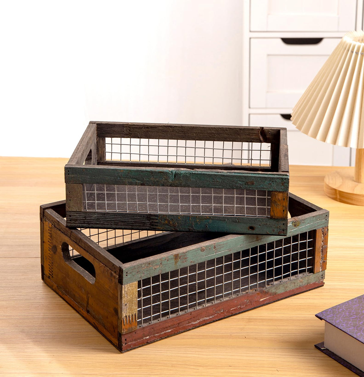 TIMRIS Set of 2 Rustic Wooden Countertop Baskets, Farmhouse Distressed Nesting Boxes, Small Decorative Wooden Storage Crates, Reclaimed Wood Organizer Baskets with Wire Mesh (Random) TIMRIS