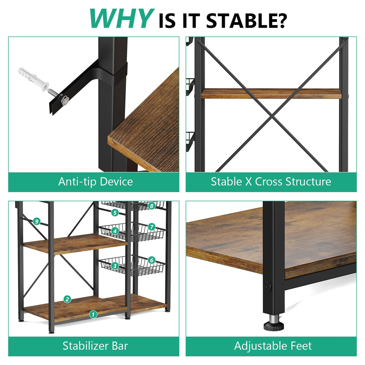 Kalrin Rustic Brown Large Bakers Rack with Power Outlets, Hooks, and Wire Baskets for Organised Kitchen Storage Kalrin