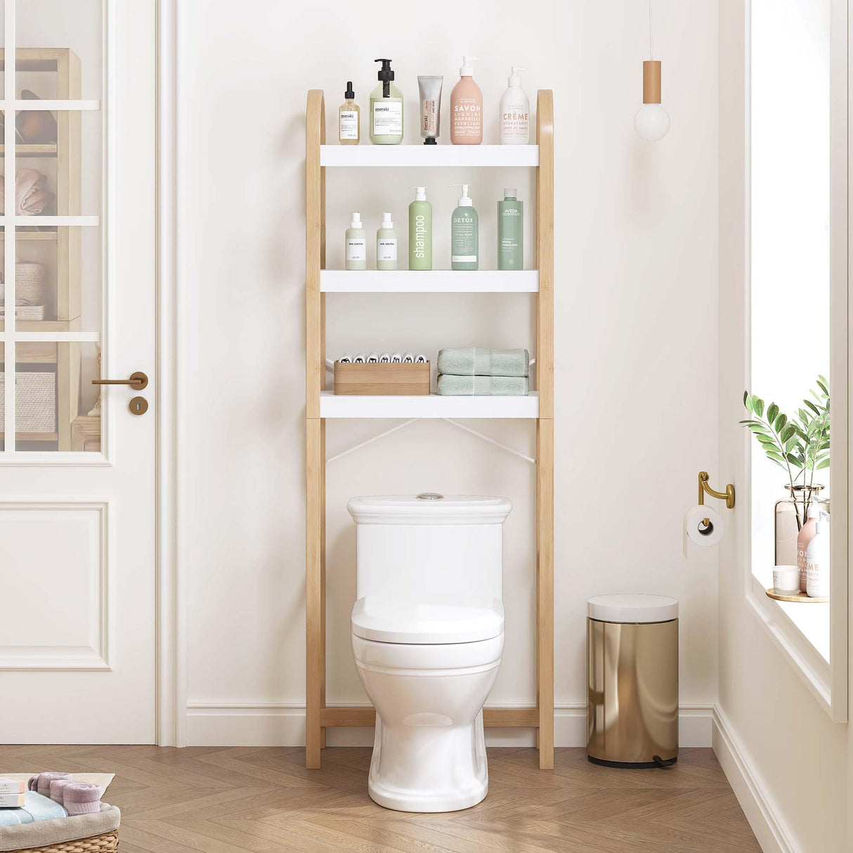 Spirich Over The Toilet Storage Shelf, 3-Tier Over Toilet Bathroom Organizer, Space-Saving Above Toilet Storage Shelf Rack with Bamboo Frame Spirich