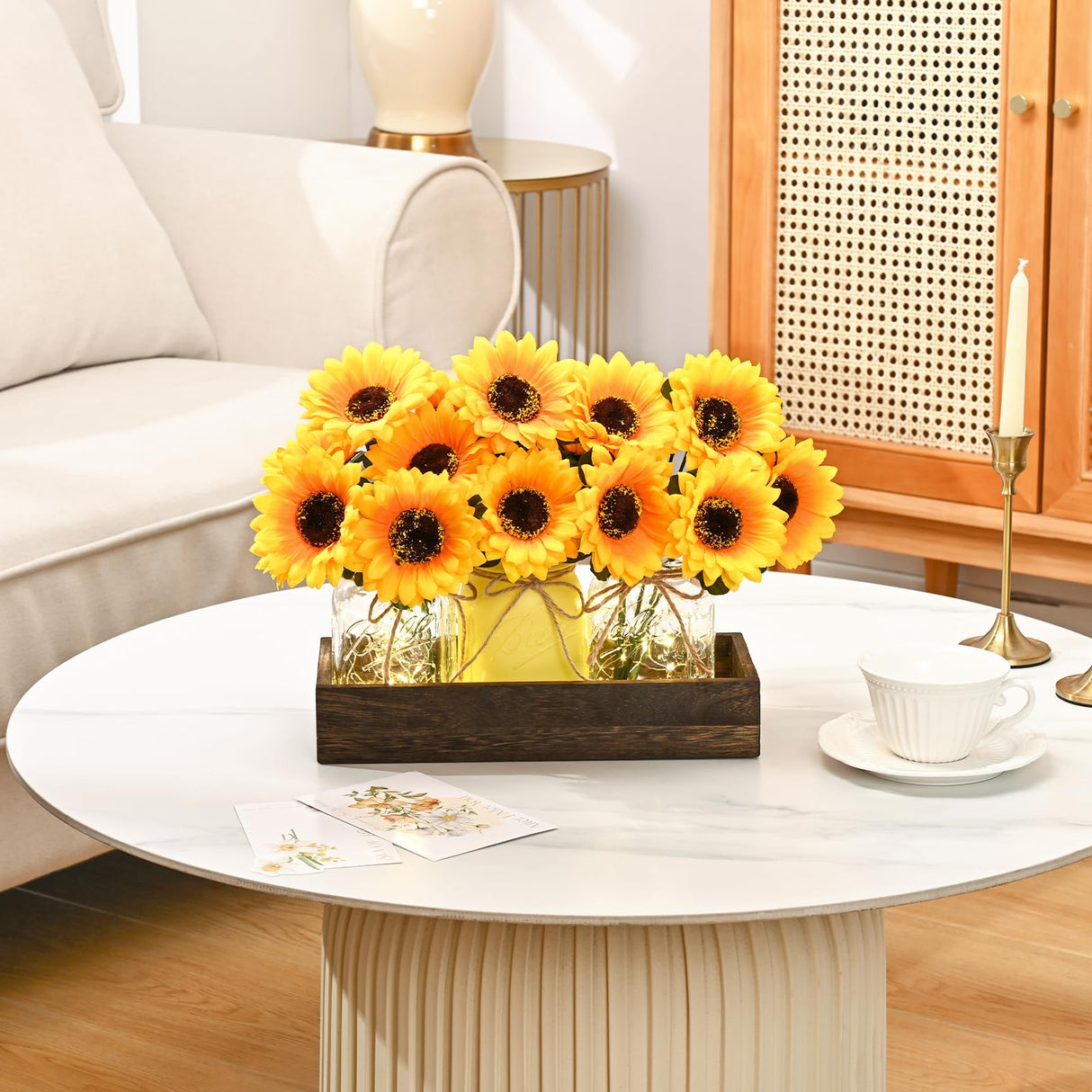 BLEUM CADE Centerpieces Table Decorations - 3Pcs Sunflowers Artificial Flowers in Mason Jars with Wood Tray, Dining Table Centerpiece Decor, Coffee Table Farmhouse Living Room Home Decorations BLEUM CADE