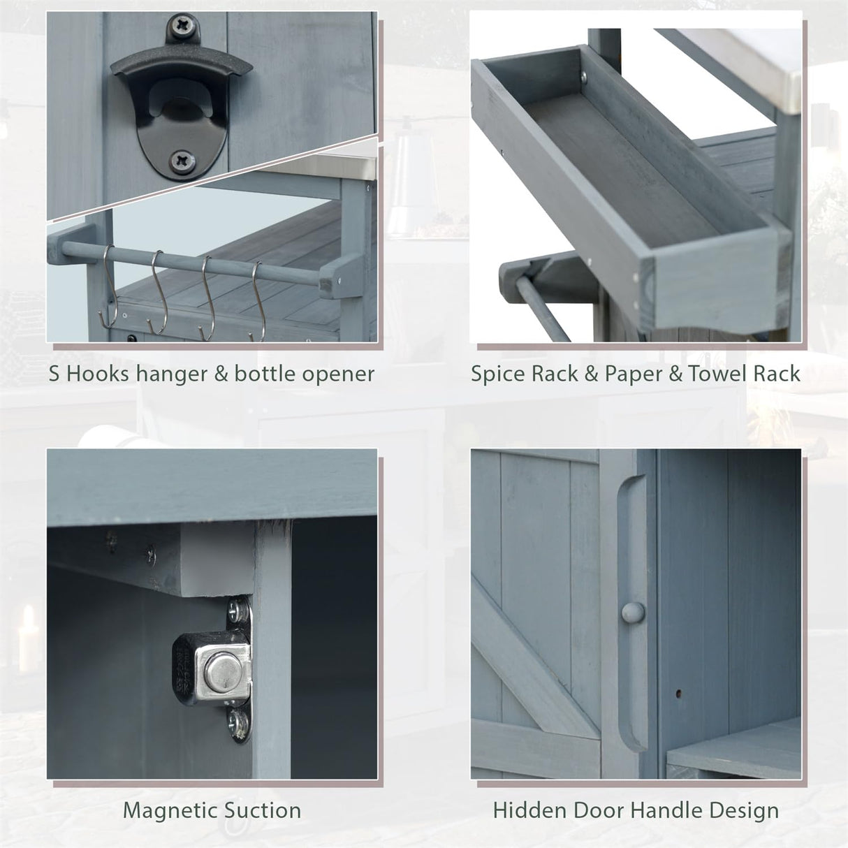 Linique Outdoor Kitchen Island, Rolling Bar Cart with Storage Cabinet, Farmhouse Solid Wood Outdoor Grill Table with Stainless Steel Top, Spice Rack, Towel Rack for Yard, Patio, Grey Blue Linique