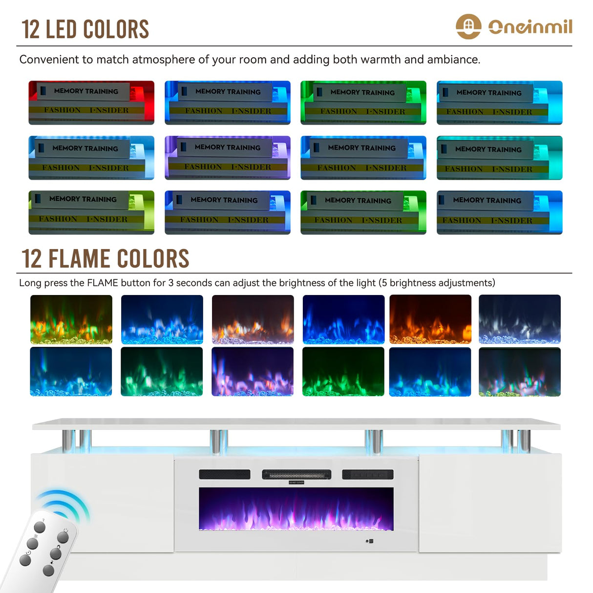 oneinmil Fireplace TV Stand with 36” Electric Fireplace, 70” 2 Tier TV Console Stand for TVs Up to 80", LED Light Entertainment Center, Fireplace for The Living Room TV Stand, White oneinmil