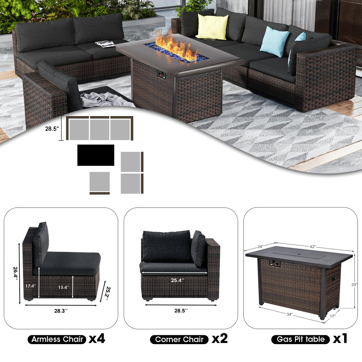 GREZJXC 7 Pieces Outdoor Sectional Patio Furniture Set with Fire Pit Table PE Rattan Wicker Patio Sectional Conversation Set with Cushion Black GREZJXC