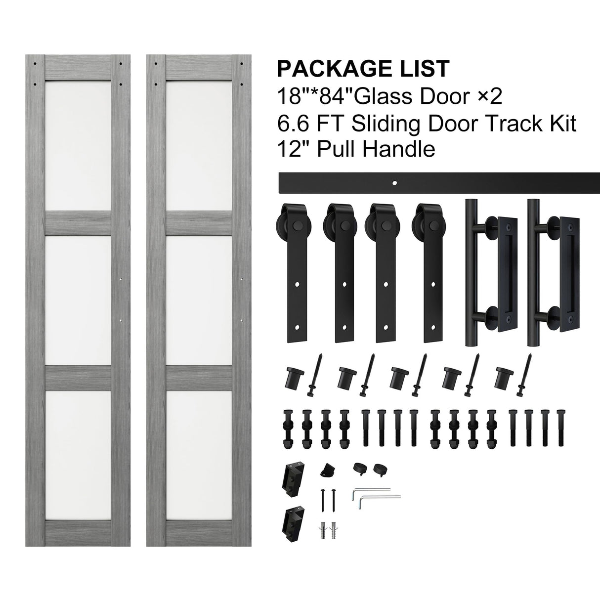 BARNSMITH 18in x 84in Double Glass Barn Door with 6.6FT Sliding Door Hardware Kit Included & Handle,3-Panel Frosted Glass Solid Wood Slab with Water-Proof PVC Surface,Pre-Drilled Easy Assembly,Grey BARNSMITH
