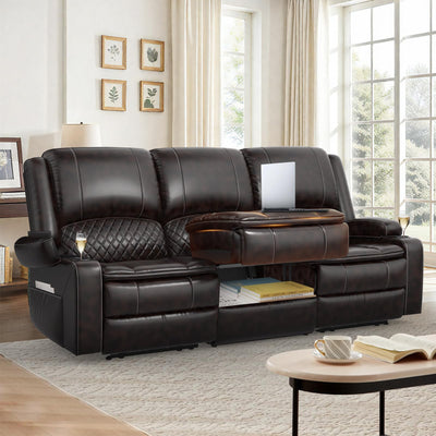 Recliner Sofa 3 Seater Sofa with Recliner, Home Theater Seating with Liftable Console & Removable Armrest, Manual PU Leather Reclining Couch with Cup Holders & USB Ports for Living Room/RV (Brown)