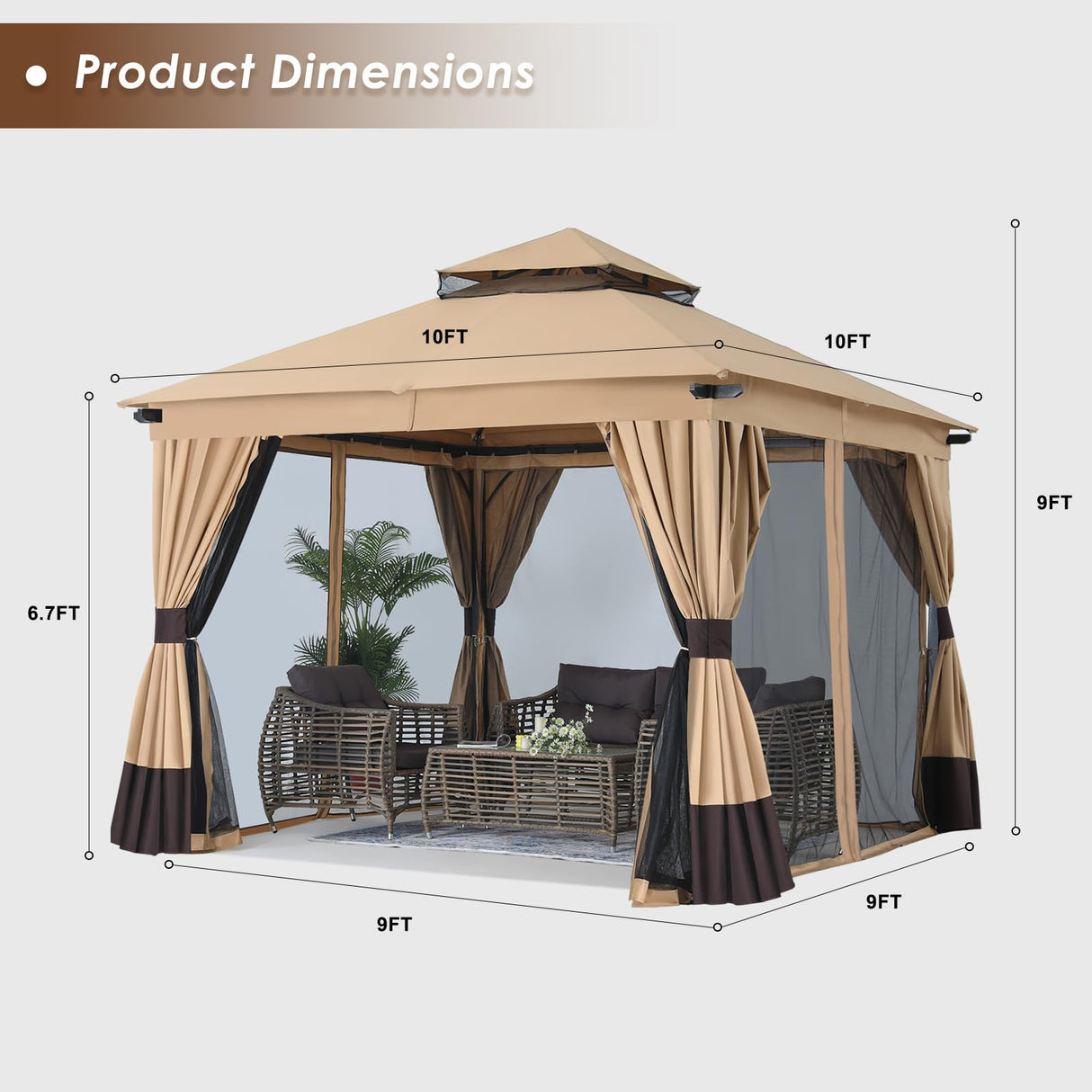 MASTERCANOPY 10x10FT Outdoor Patio Gazebo with Double Roofs, Mosquito Netting and Privacy Screens for Backyard, Garden, Lawn, Beige MASTERCANOPY
