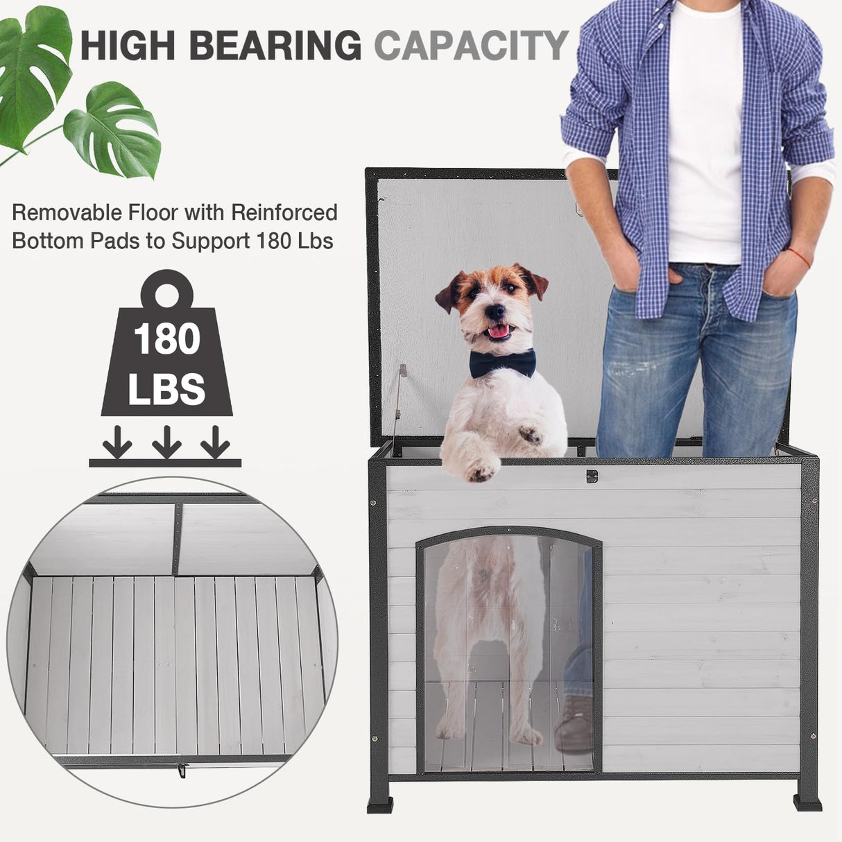 Dog House Outdoor Insulated Dog House for Small Medium Large Dogs, Natural Wood with Iron Frame, Waterproof Roof Raised Feet (43.3" L-White) MEDEHOO