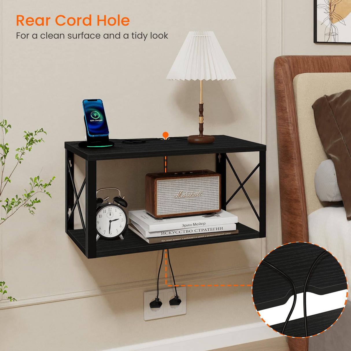 Homode Floating Nightstand, 2 Tier Wall Mounted Nightstand with Cable Hole, Wooden Floating Bedside Table, Bedside Wall Shelf for Bedroom Bathroom Living Room Kitchen Office, Black Homode