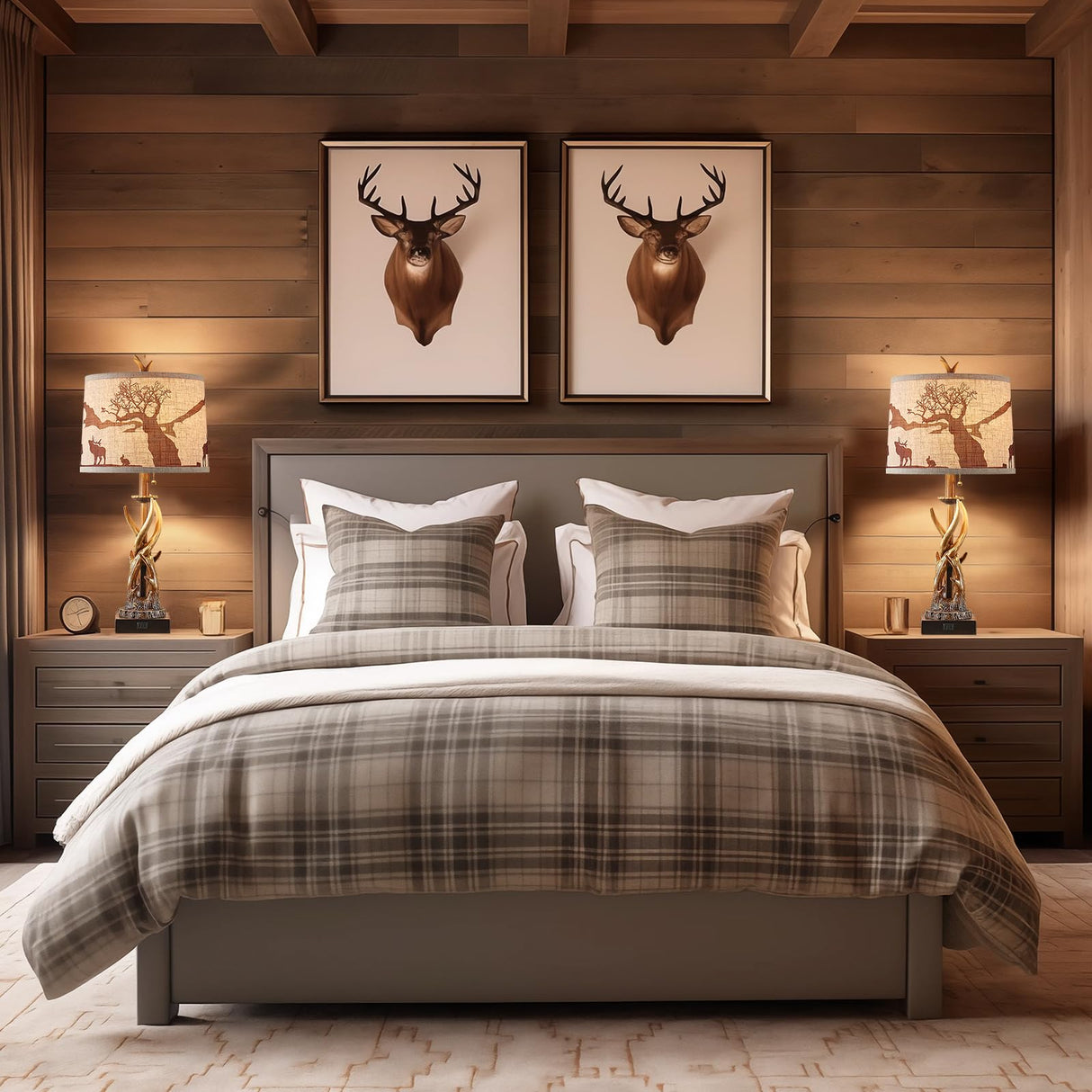 BOWOBO Antler Table Lamps Set of 2 for Bedroom, Farmhouse Rustic Antler Deer Bedside Lamps with USB A+C Ports for Living Room End Table Hunting Themed Cabin Lamp Pull Chain Linen BOWOBO