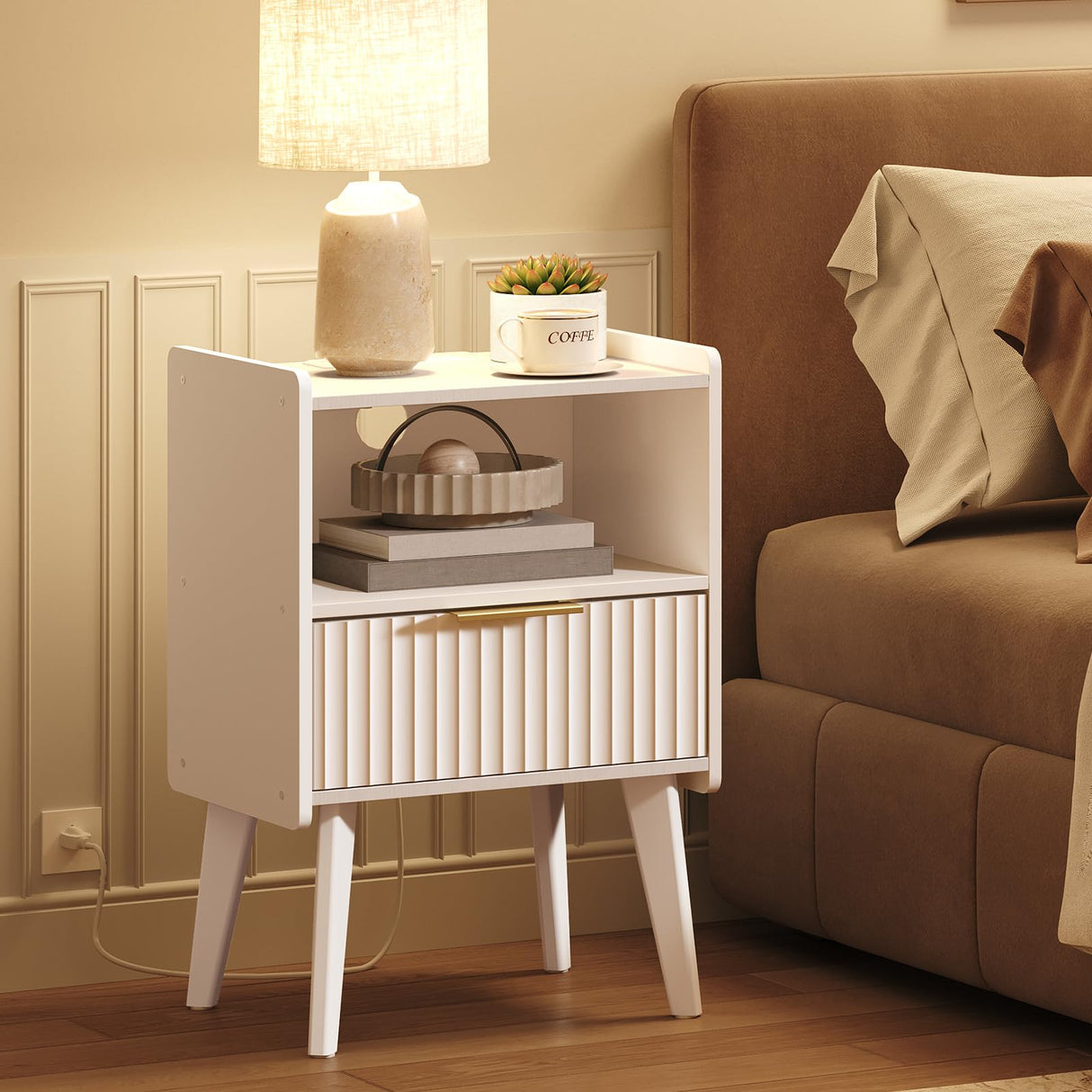 MAHANCRIS End Table Living Room Fluted Night Stand, 15.9" Modern Side Table with Charging Station,Bedside Table with Drawer for Small Spaces, Bedroom, White ETWT61E01 MAHANCRIS