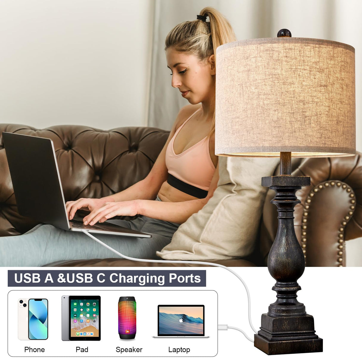 BOBOMOMO 27" Farmhouse Table Lamp Set of 2 with USB A+C for Bedroom Living Room Vintage Rustic Traditional Nightstand Bedside Lamps Retro Side Table Lamps (Black) BOBOMOMO