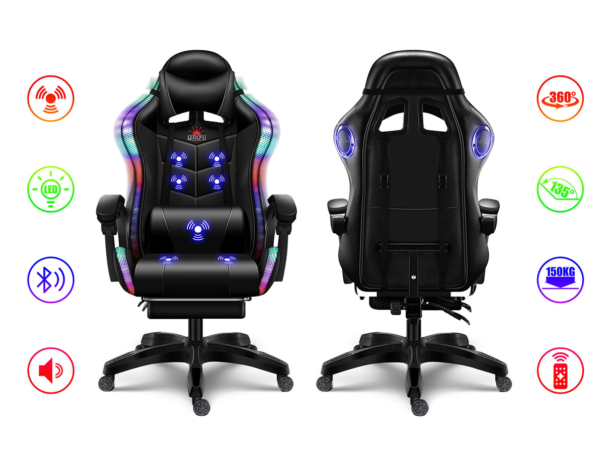 Ergonomic Pro Gaming Chair with LED Lights and Speakers, Video Game Chair with Massage and Footrest, High Back Computer Chair with Lumbar Support and Headrest, Adjustable Height, for Adult Teens.,Bla WZDHYYWS