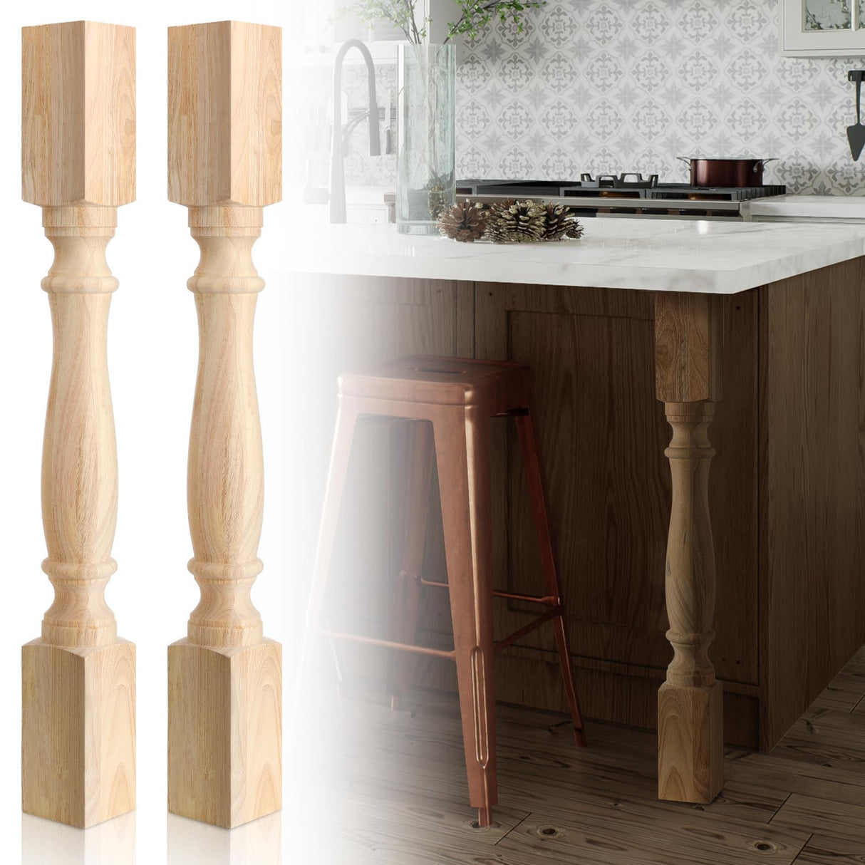 DoubleFill 2 Pcs Unfinished Kitchen Island Legs Farmhouse Solid Wood Table Legs Rubberwood Replacement Raised Panel Cabinet Column, 35.4" H x 3.7" W x 3.7" D DoubleFill