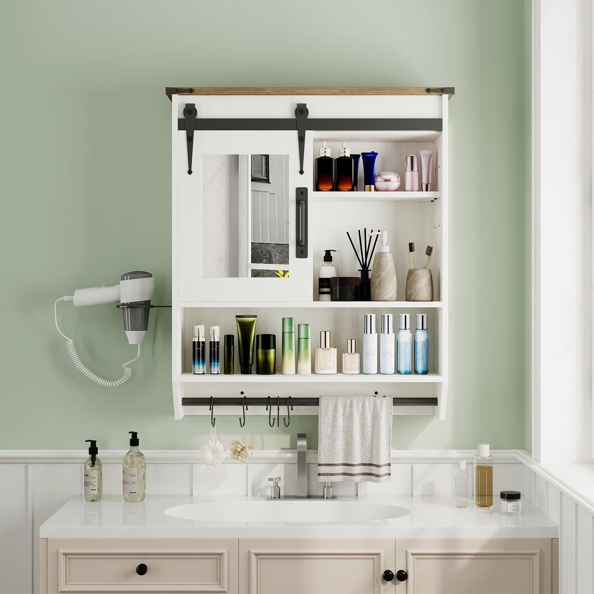 Bathroom Storage Cabinet with Mirror, Wood Farmhouse Medicine Cabinet with Adjustable Shelf, Hanging Bar S-Hooks Hair Dryer Holder, Wall Mounted Cabinet for Laundry Room Kitchen Living Room, White Cakhdry