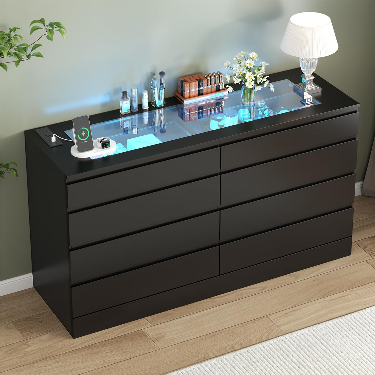 Gyfimoie 8 Drawer Dresser with Power Outlet, Modern Chest of Drawers with LED Light & Glass Top, Wood Double Dresser TV Stand with Organizer Storage for Bedroom, Living Room, Closet (Black) Gyfimoie